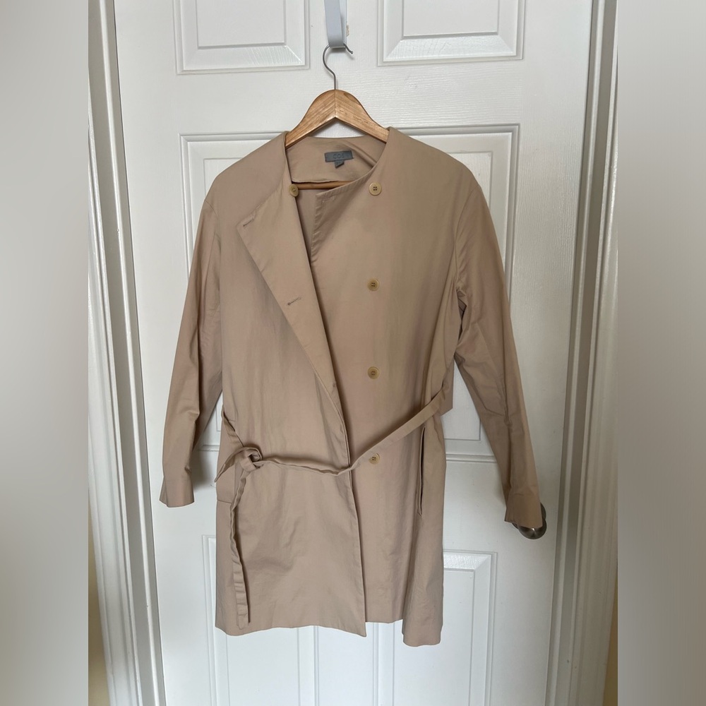 Beige COS collarless cotton trench coat, size 36, us 6 - Picture 6 of 8